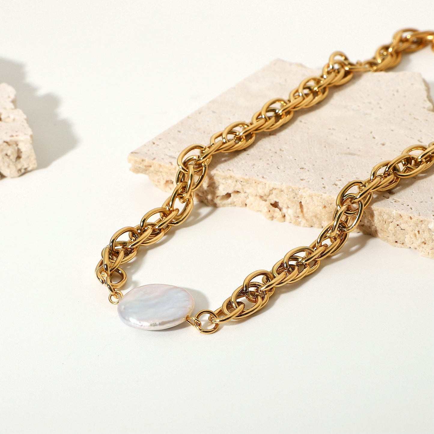 Fashionable Ins Style Geometric 18K Gold Plated Stainless Steel Multi-Layer Twisted Chain Pearl Necklace for Women