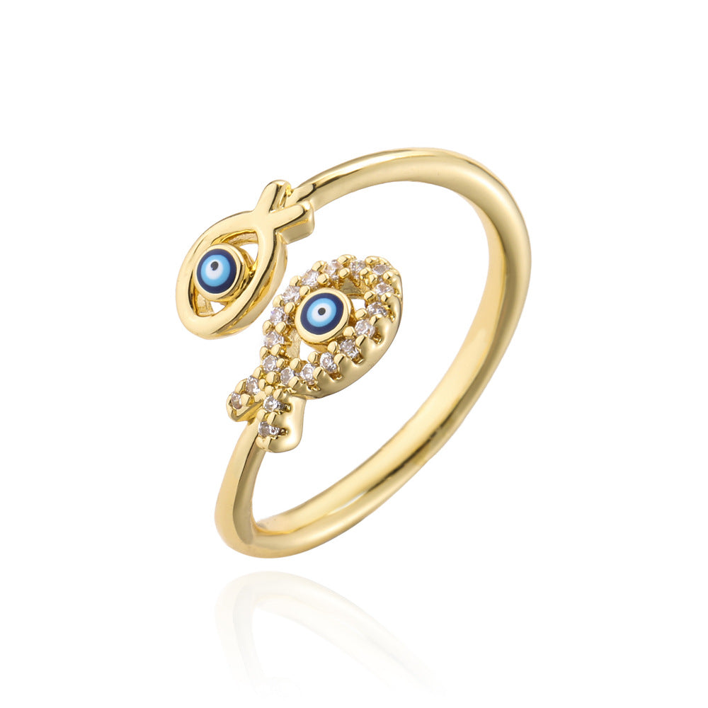 Minimalist Geometric Evil Eye Ring in Copper with Gold Plating and Micro-Pave Setting