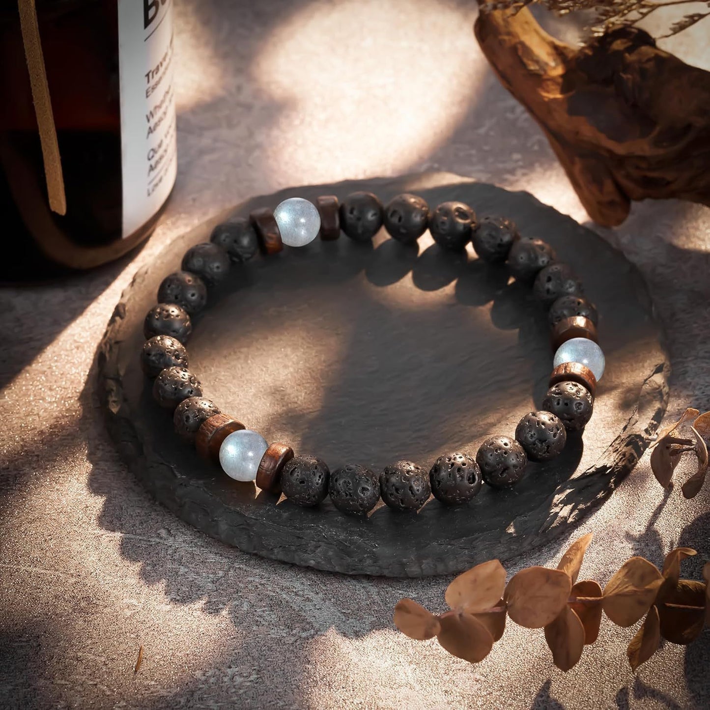 Sweet Geometric Black Volcanic Agate Moonstone Bracelet Unisex Elastic String Handmade Gift