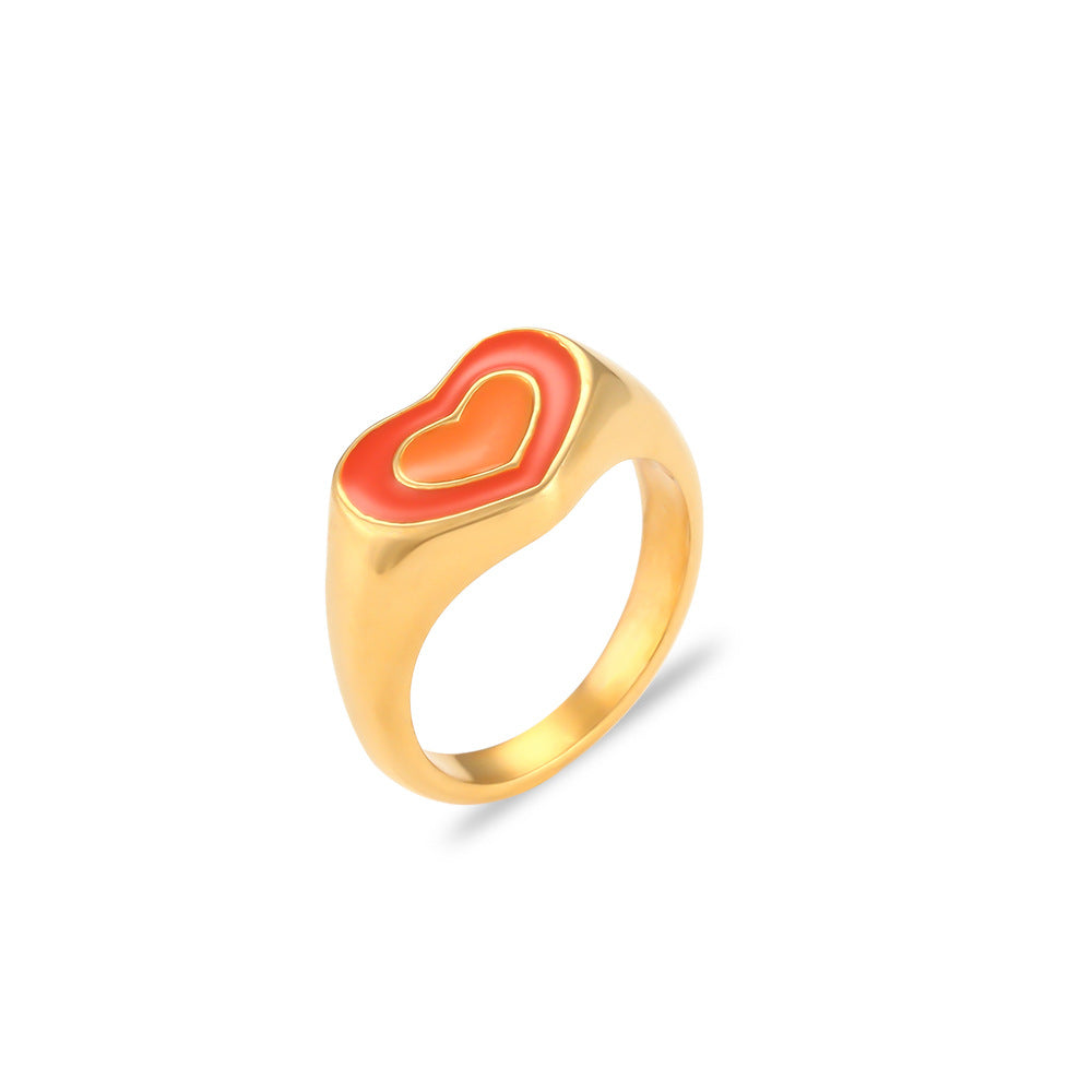 Anillo de acero inoxidable con forma de corazón a la moda con revestimiento de esmalte para mujer