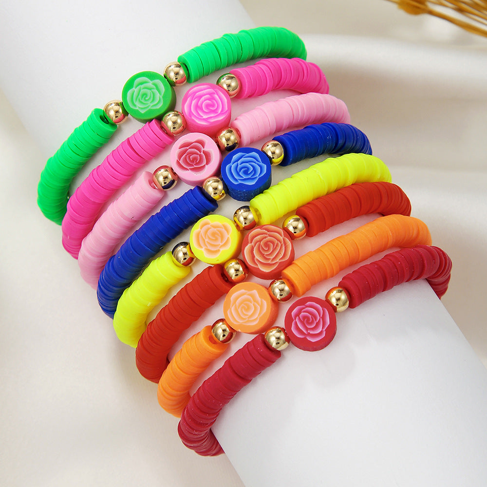 Bohemian Style Floral Polymer Clay Bracelet Set with Elastic Band, Geometric and Vintage-Inspired Handmade Jewelry for Women and Men