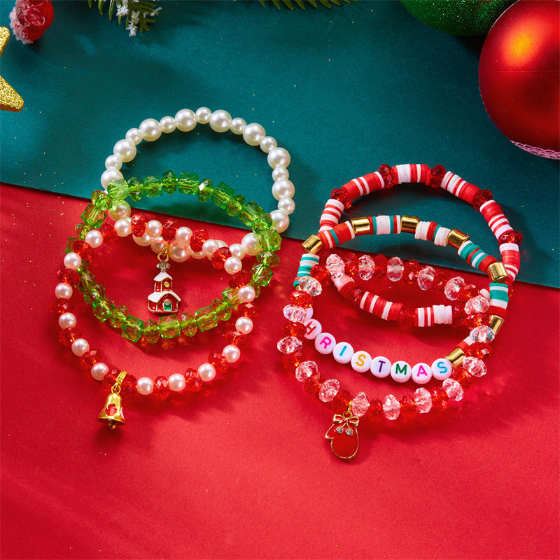 Set di bracciali in lega a tema natalizio, dolce e grintoso, con renna, fiocco di neve, albero e perle di vetro in cristallo