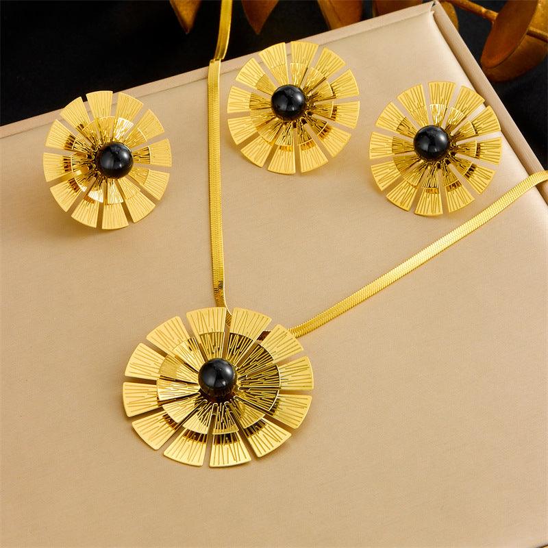 Fashion Business Casual Gold Plated Stainless Steel Floral Pearl Jewelry Set