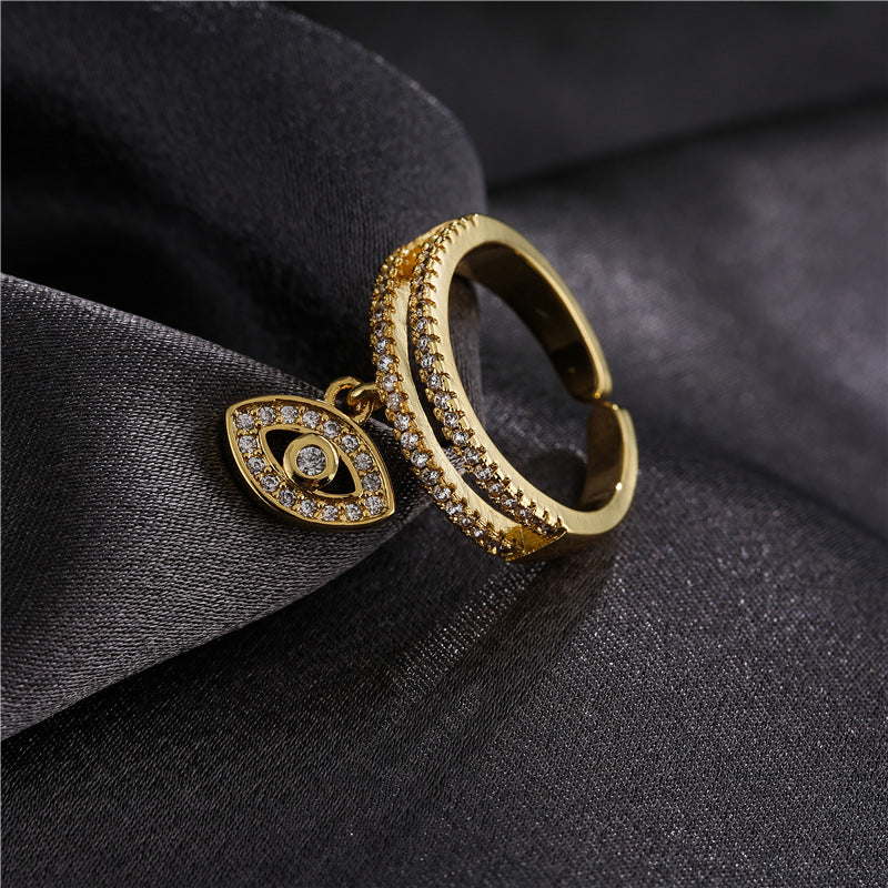Minimalist Gold Geometric Micro-inlay Cubic Zirconia Evil Eye Ring Adjustable Open Ring for Women