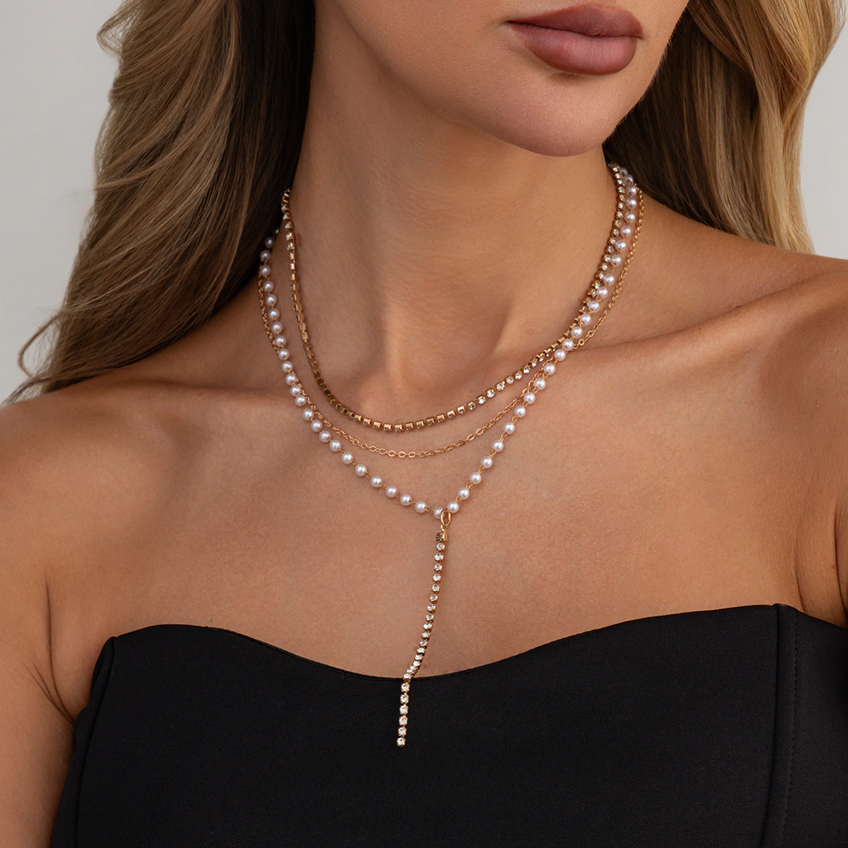 Elegant Geometric Multi-Layer Y-Necklace with Faux Pearl and Rhinestone Inlay Plated Iron Pendant Cable Chain for Women