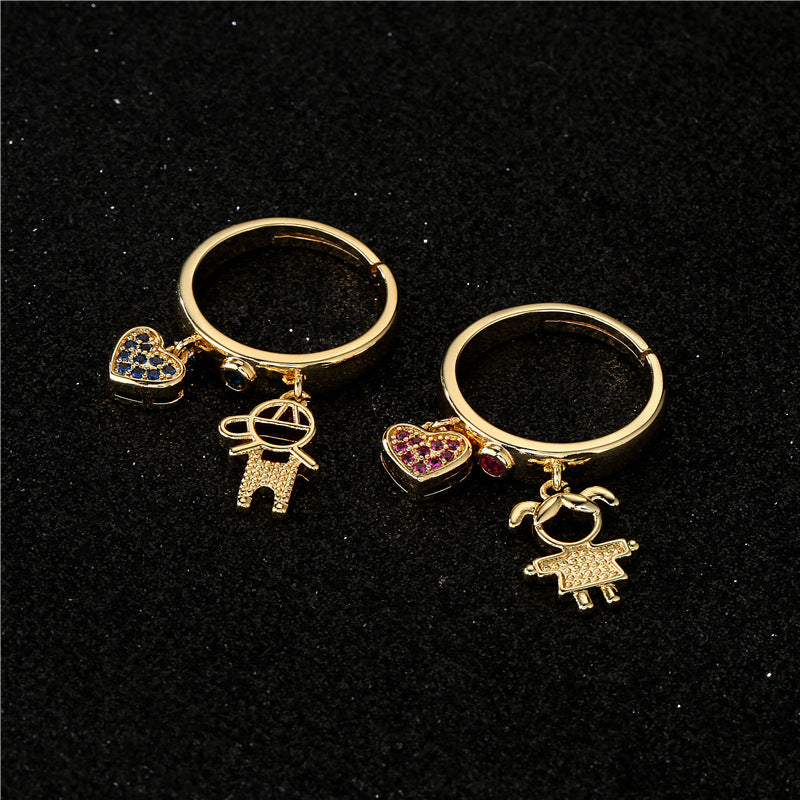 Sweet Cartoon Heart Geometric Micro-Inlaid Cubic Zirconia 18K Gold Plated Brass Ring for Women