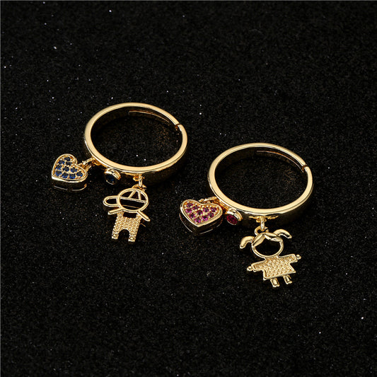 Sweet Cartoon Heart Geometric Micro-Inlaid Cubic Zirconia 18K Gold Plated Brass Ring for Women