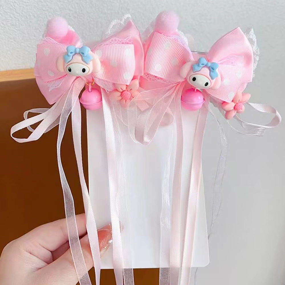 Cartoon Bowknot Hair Clip for Kids Made of Fabric with Ribbon and Pompom Accents in Princess Collection