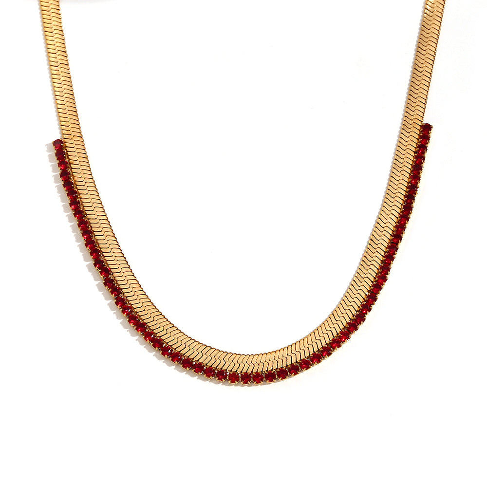 Collana da donna alla moda placcata oro 18 carati in acciaio al titanio, geometrica, con zirconi colorati e texture a spina di pesce