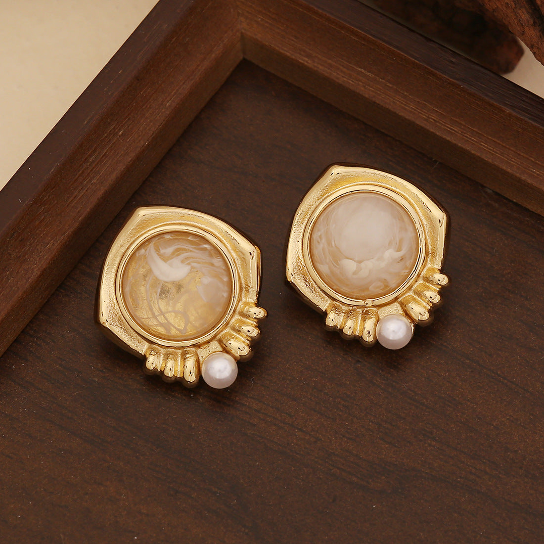 Vintage Geometric Stainless Steel Earrings with Plated Finish and Pearl Accents for Women
