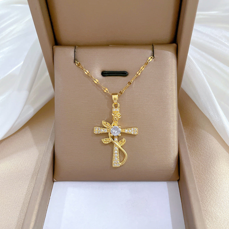Luxury Titanium Steel Cross Flower Pendant Necklace for Women with Rhinestone Inlay, Geometric Design, Delicate Clavicle Chain