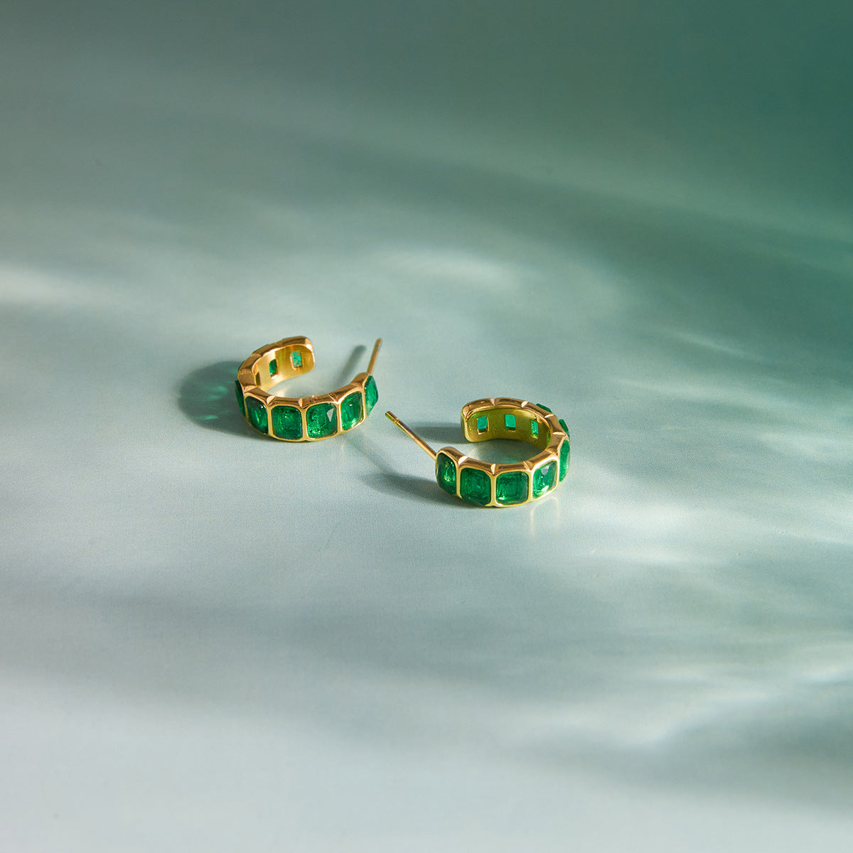 Elegant Geometric Stainless Steel Hoop Earrings with Green Cubic Zirconia Plated Finish for Women