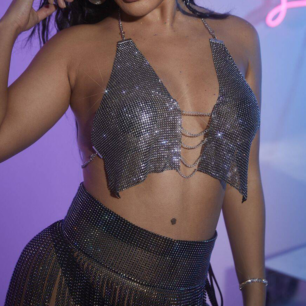 Cadena corporal geométrica para mujer con incrustaciones de pedrería y base de metal, joyería de declaración de moda sin espalda para discoteca y fiesta
