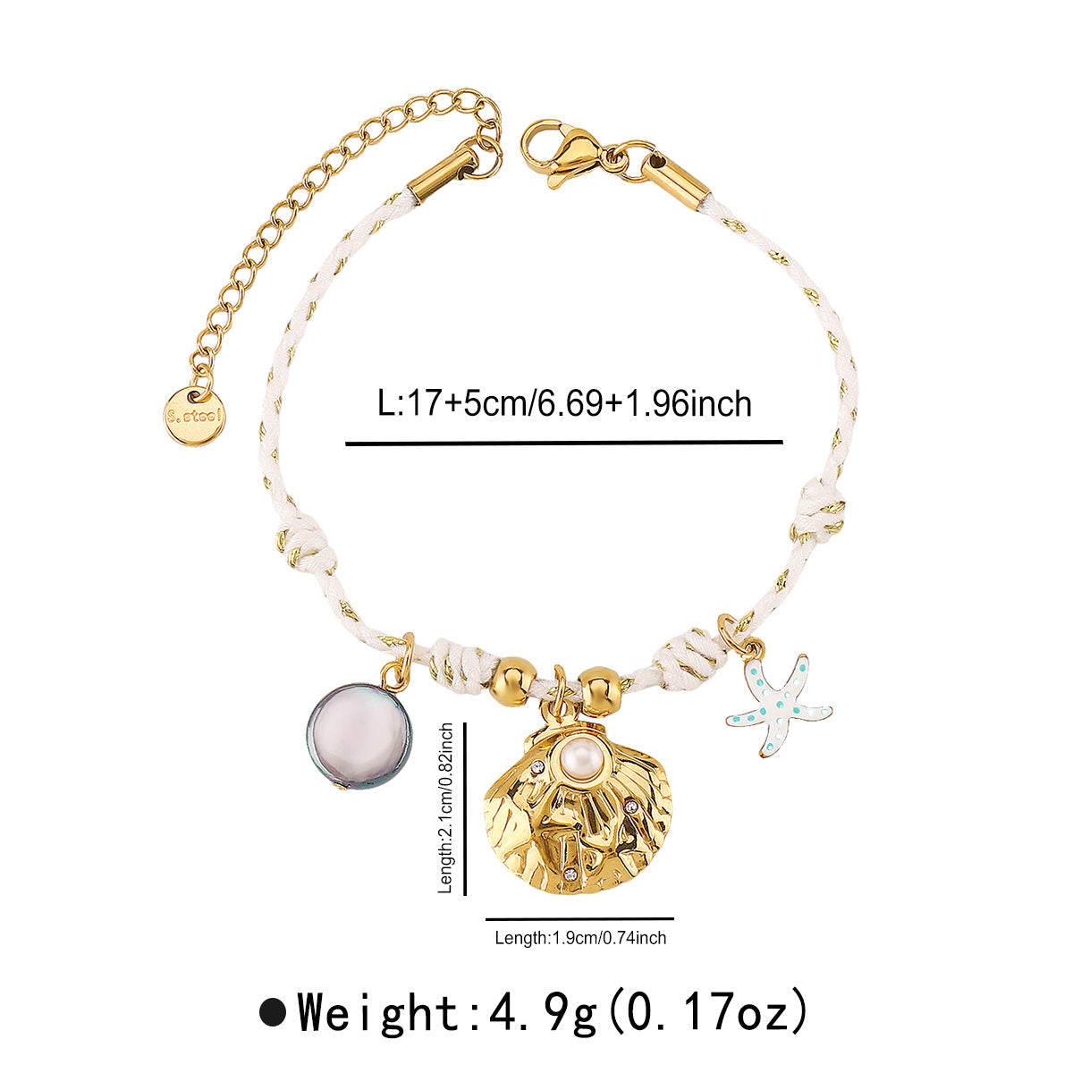 Collana con Pendente Stella Marina e Conchiglia Stile Naturale da Donna, in Acciaio Inox con Finitura Placcata Oro 14K su Catena a Cordino