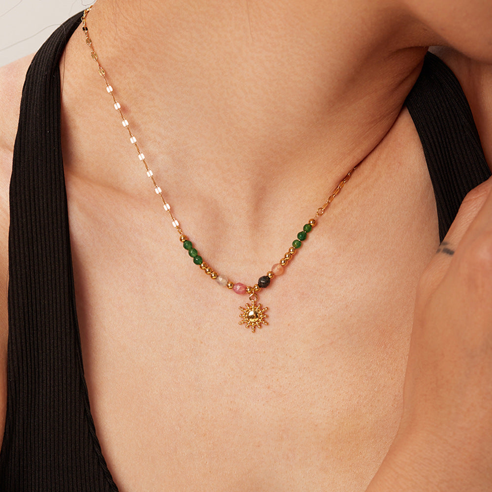 Collana con pendente geometrico a forma di sole in acciaio inossidabile placcato oro 18 carati, stile vintage francese, da donna