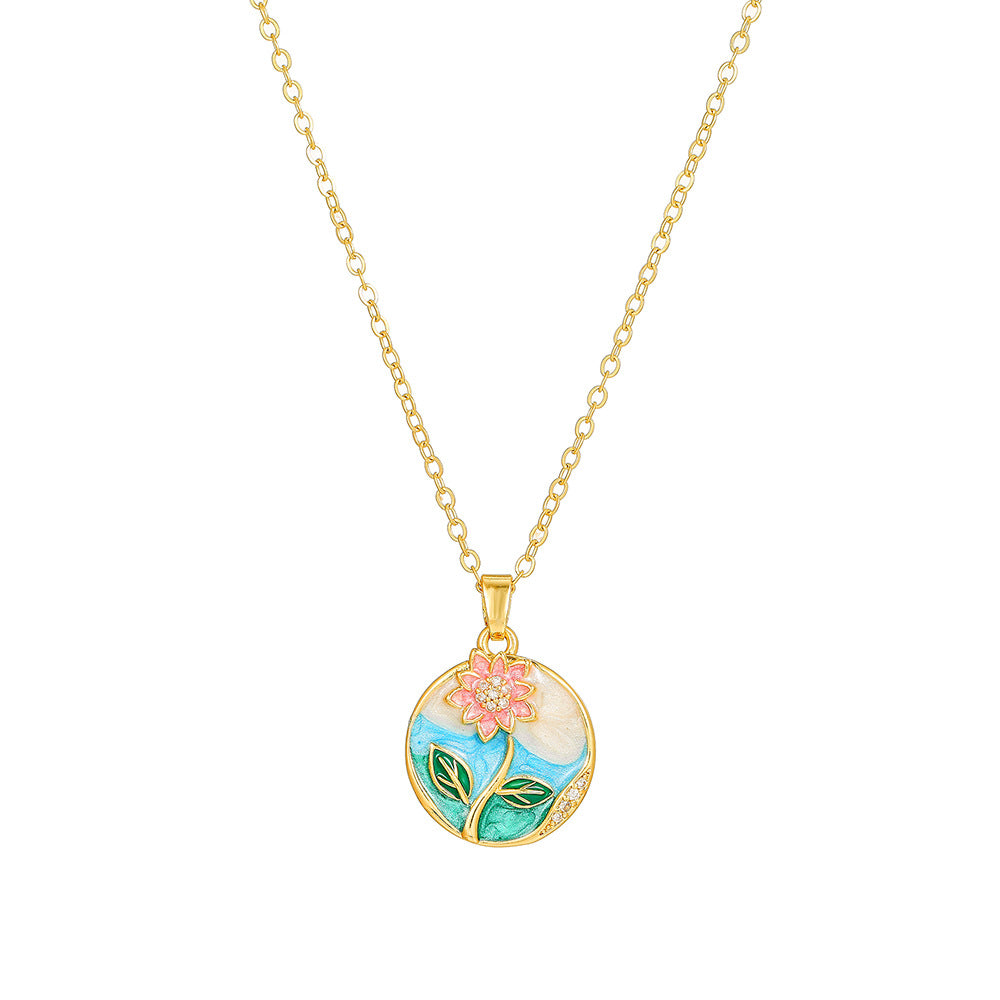 Elegant Drip Oil Floral Brass Gold Plated Necklace with Cubic Zirconia Inlay Cable Chain