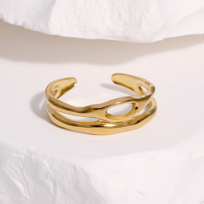Anello da donna in acciaio inossidabile placcato oro, a doppio strato, geometrico e cavo, stile minimalista