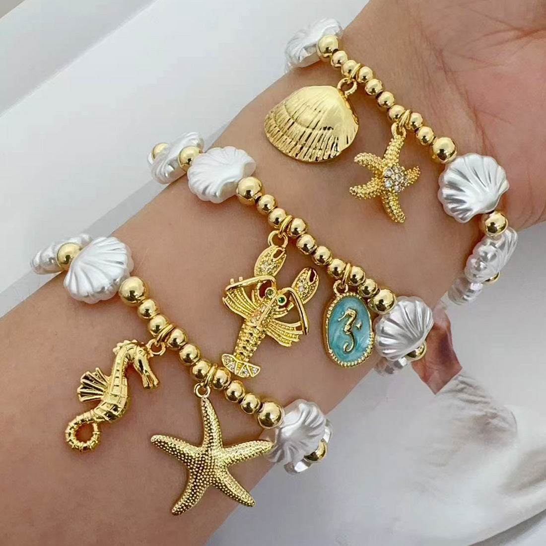 Braccialetto Artigianale Originale in Rame e Plastica con Perline Imitazione Perla, Stella Marina, Conchiglia, Tartaruga Placcato Oro 18K Gioielli da Donna