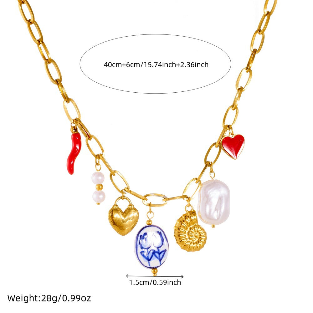 Sweet Gold Plated Drip Oil Heart Floral Stainless Steel Pendant Necklace for Women