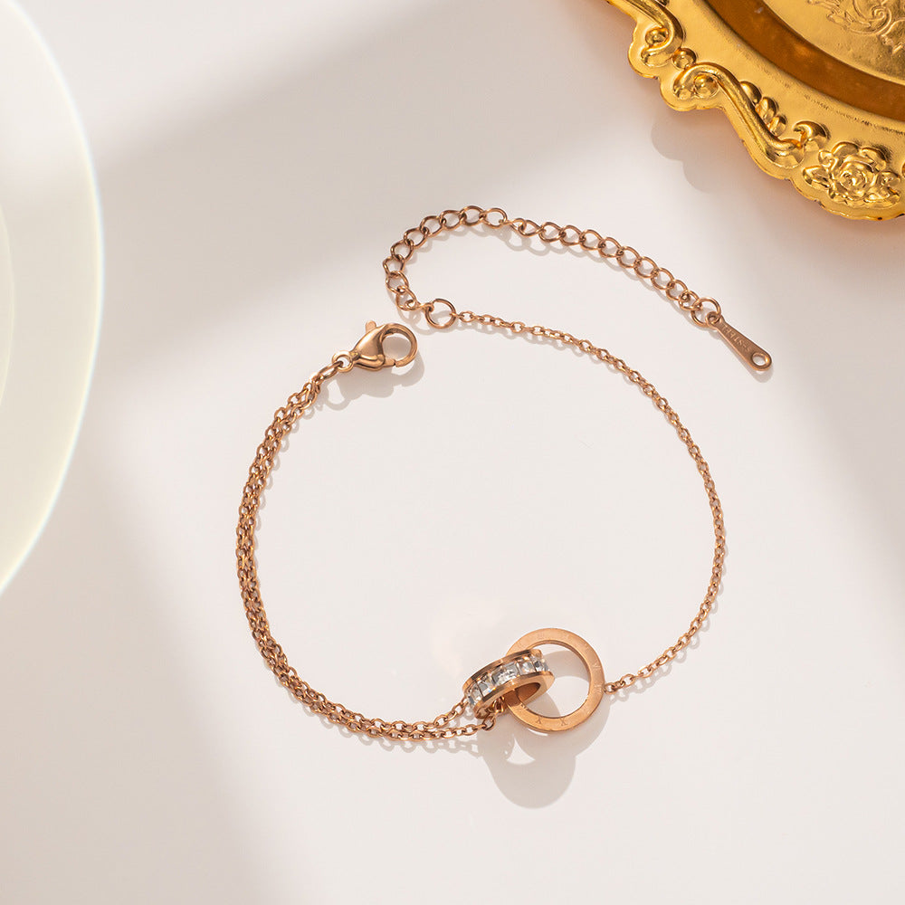 Minimalist Geometric Titanium Steel Bracelet with Rhinestone-Set Roman Numerals and 18K Rose Gold Plating for Women