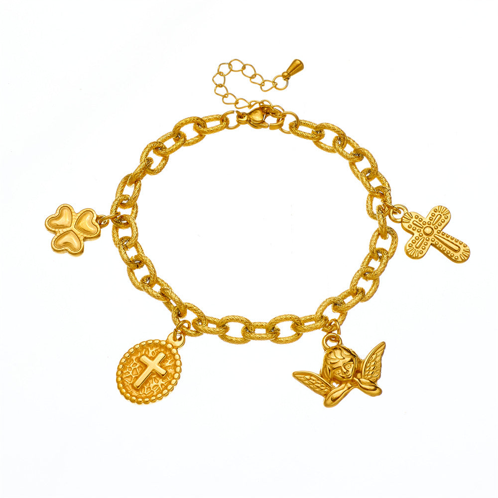 Vintage Luxury Style Oval Cross Angel Pendant Bracelet for Women with Gold Plated Stainless Steel Thick Chain