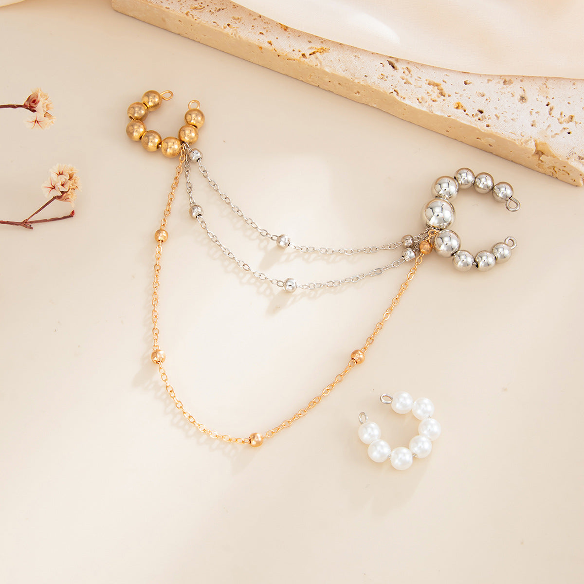 Minimalist Round Plated Brass Ear Cuff with Pearl Tassel