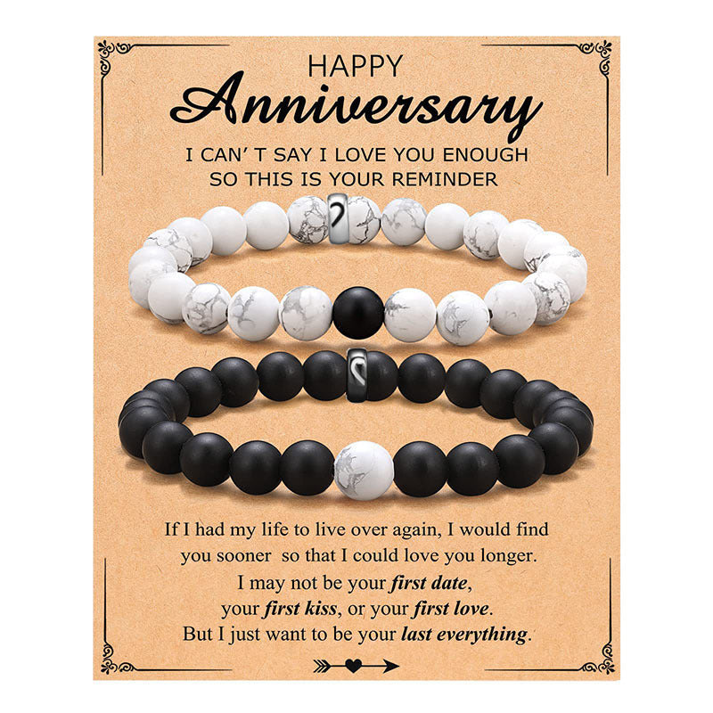 Geometric Black and White Beaded Stainless Steel Bracelet Set for Couples