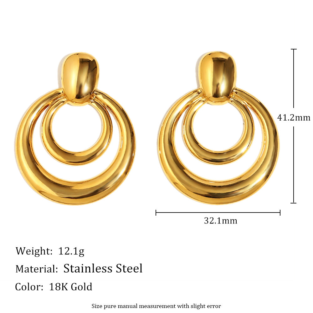 Minimalist Modern 18K Gold Plated Stainless Steel Geometric Double Ring Stud Earrings for Women