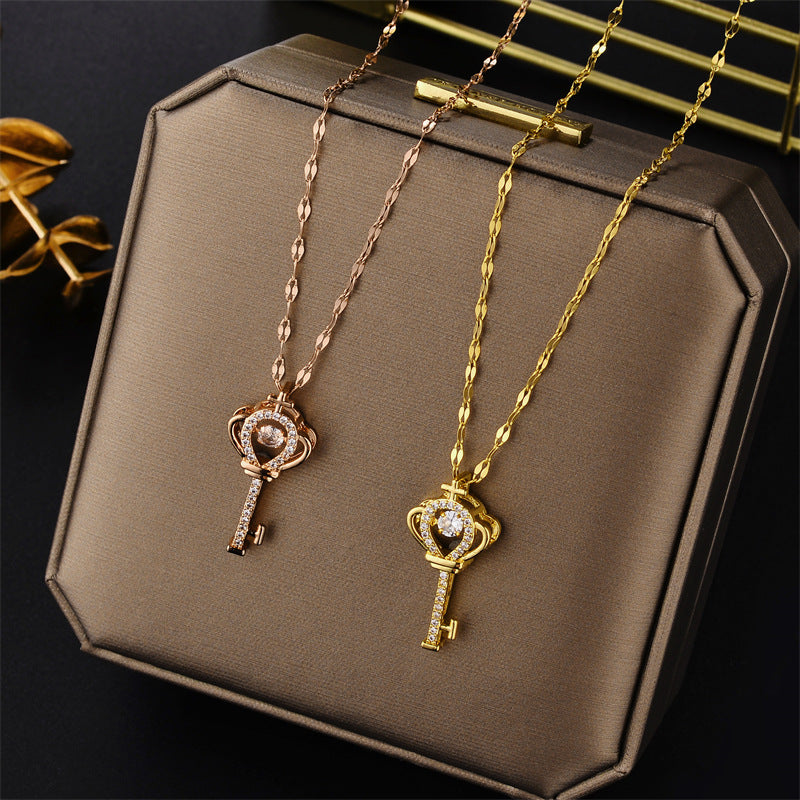 Minimalist Crown-Shaped Titanium Steel Pendant Necklace with Rhinestone Inlay for Women