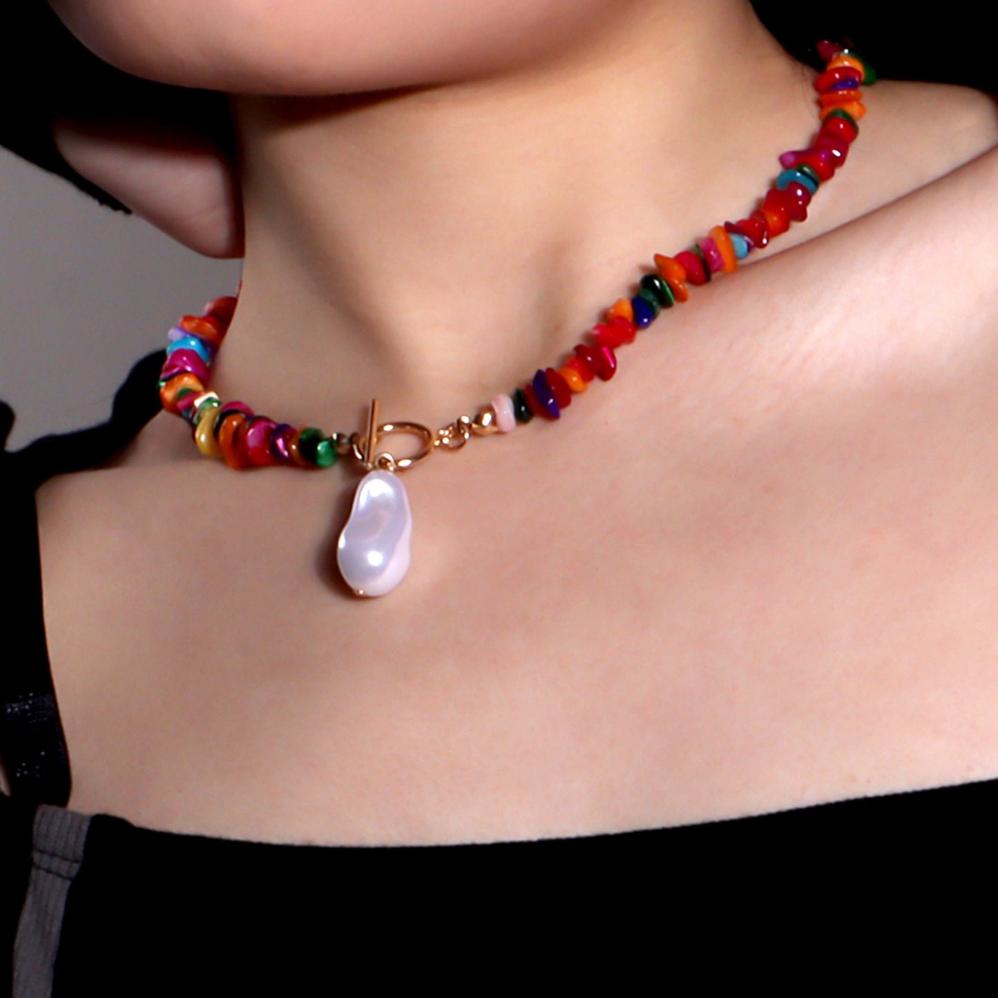 Minimalist Geometric Pendant Necklace in Alloy with Plated Finish and Colorful Stone Inlay on Small Link Chain