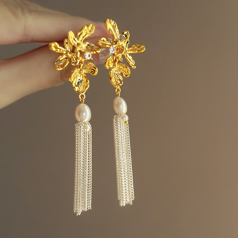 Pendientes colgantes florales de estilo lujoso con incrustaciones de pedrería y detalles de perlas para mujer