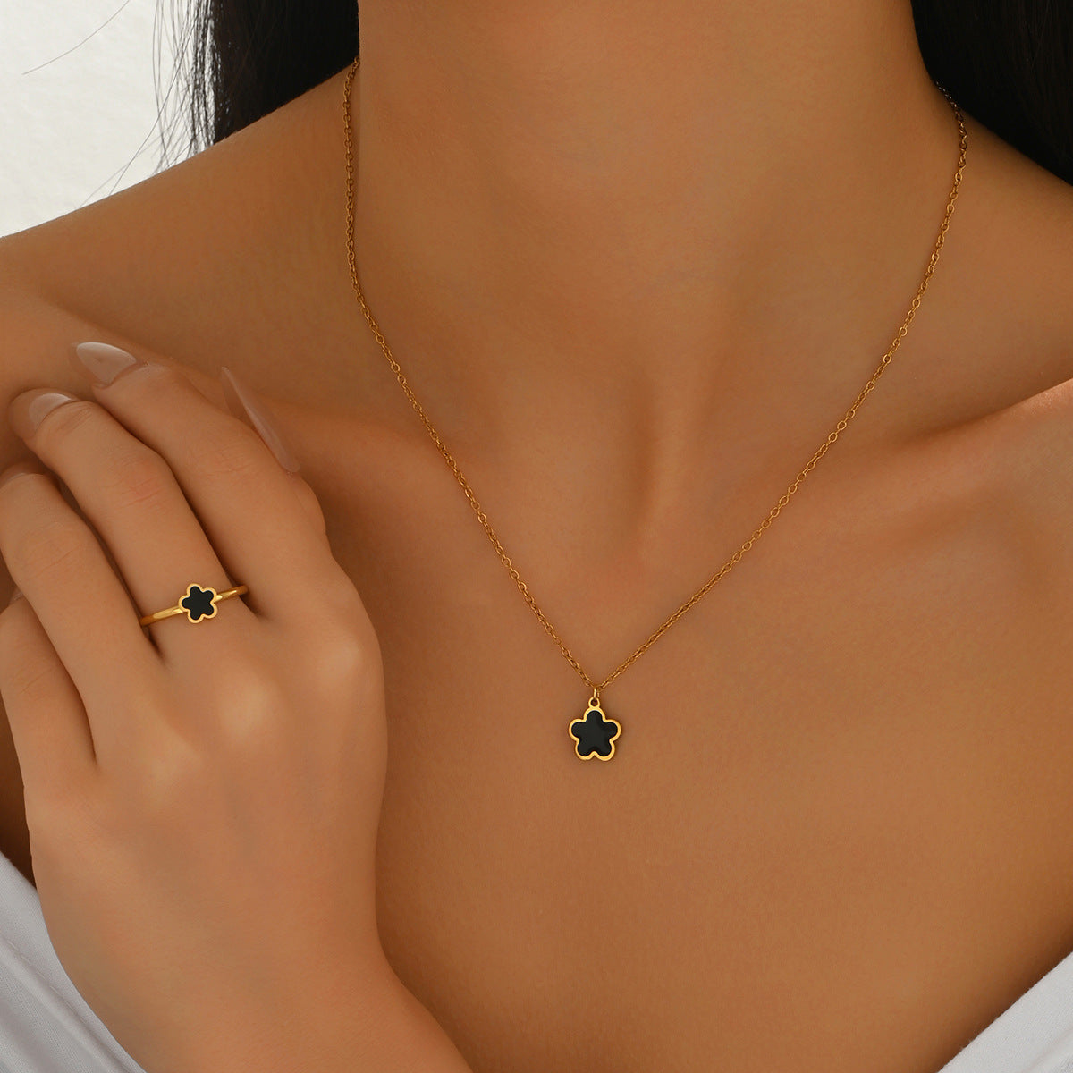 Floral Clover Geometric Pendant Necklace Set with Earrings and Bracelet for Women in Copper with Micro-Pave Setting