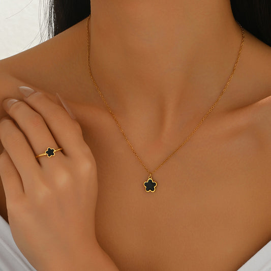 Floral Clover Geometric Pendant Necklace Set with Earrings and Bracelet for Women in Copper with Micro-Pave Setting