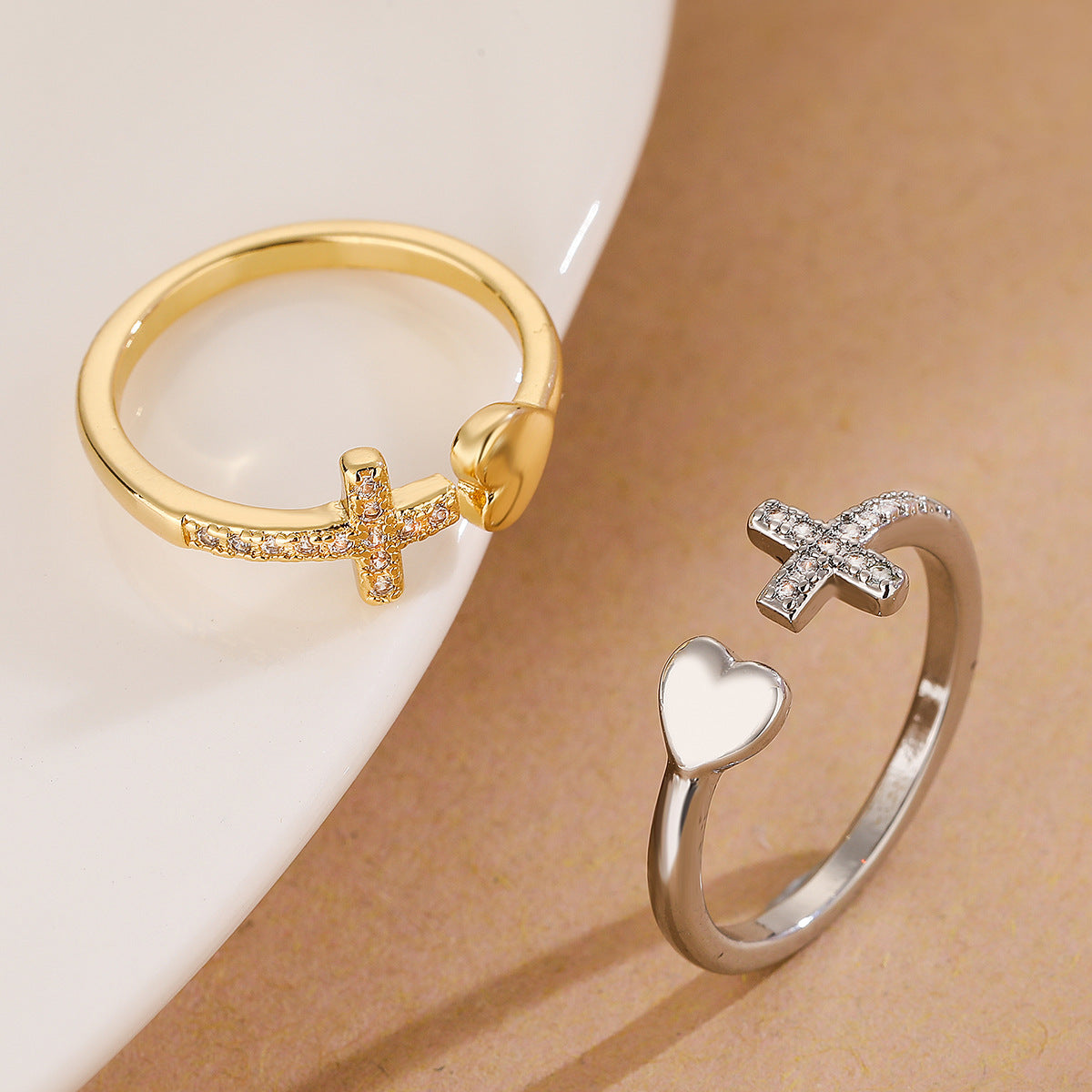 Minimalist Geometric Cross and Heart Shaped Copper Ring with Micro-Pavé Zirconia for Women