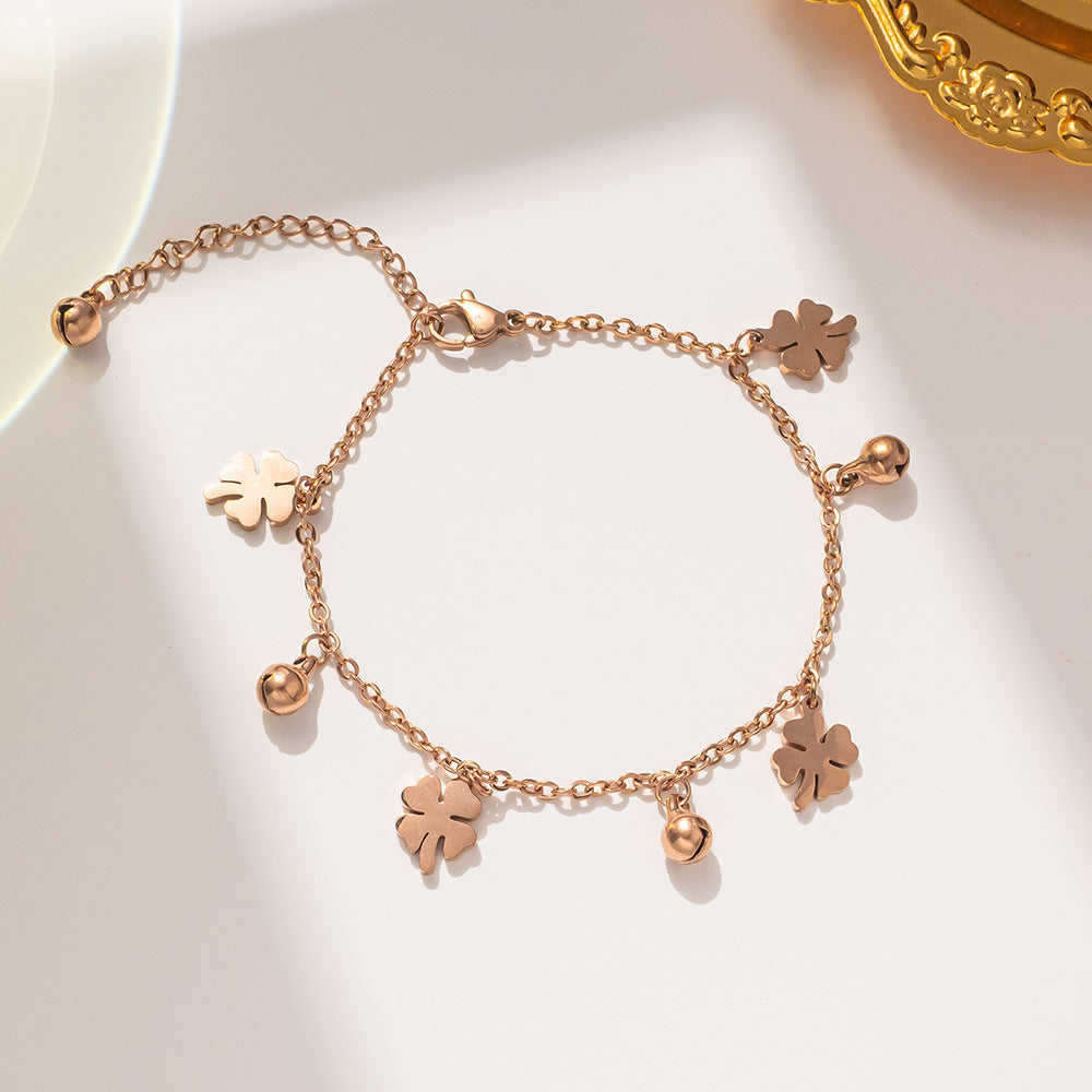 Minimalist Four-Leaf Clover Bracelet in Titanium Steel for Women with Geometric Design and Floral Motif