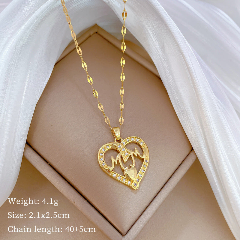 Luxury Minimalist Sweet Geometric Rhinestone Pendant Necklace for Women Titanium Steel O-Chain