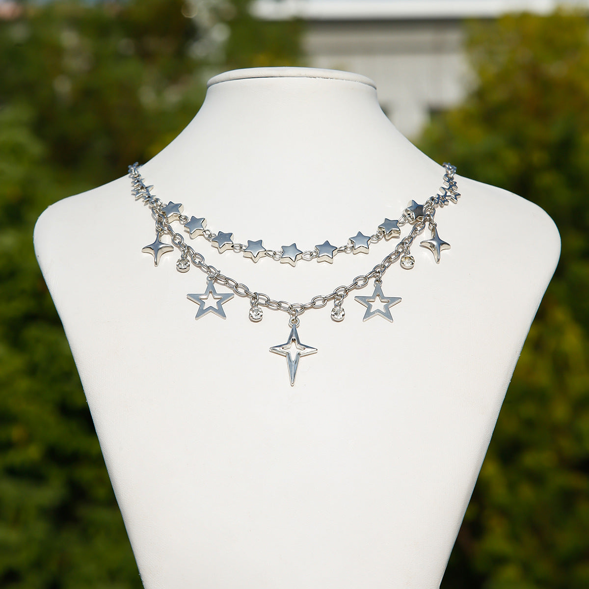 Sweet and Edgy Heart Star Pendant Necklace with Tassels for Women Alloy Chain with Pearl-Like Beads