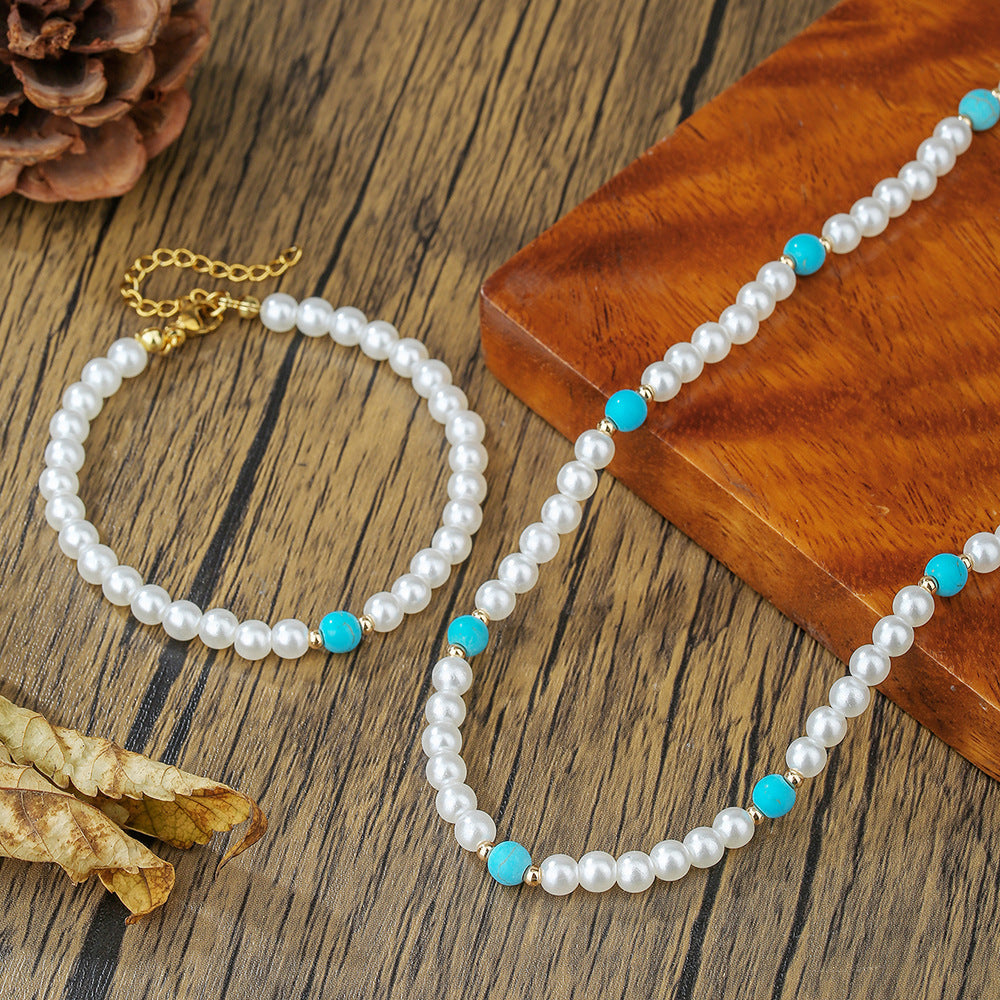 Geometric Round Imitation Pearl Turquoise Necklace Set
