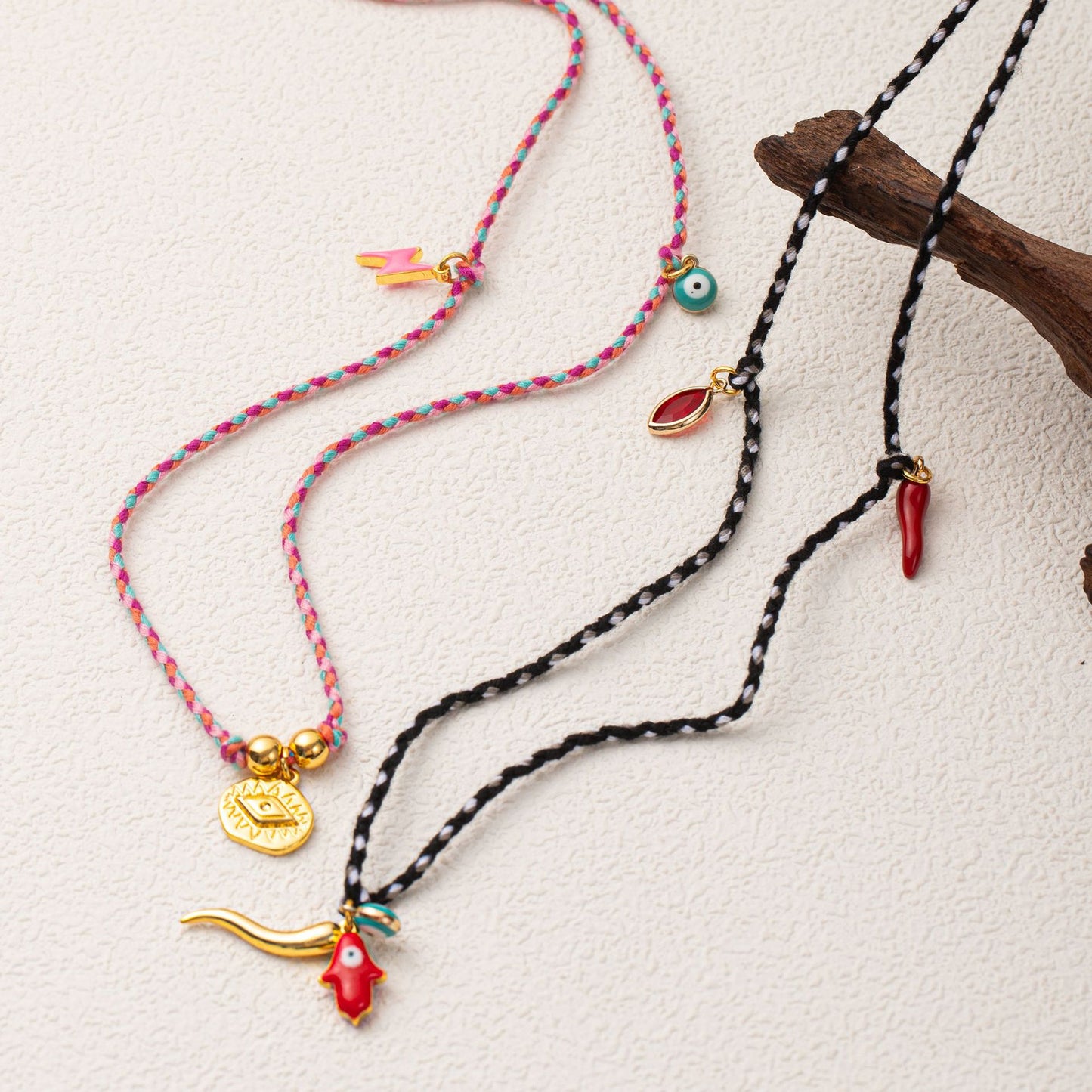Vintage Geometric Pepper Evil Eye Pendant Necklace in Copper with Electroplating on Adjustable Cotton Cord