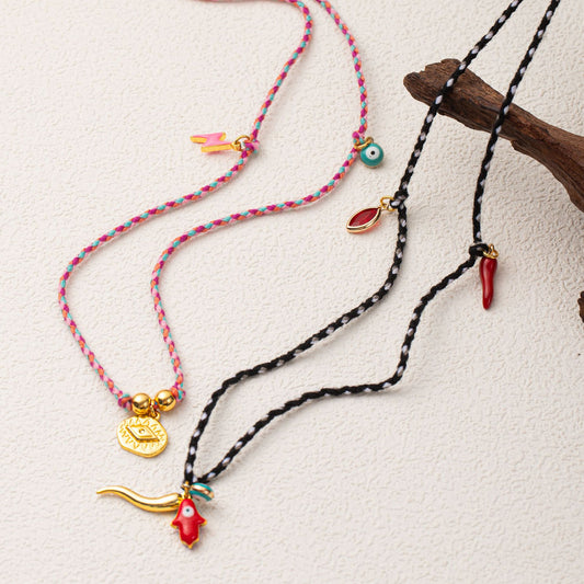 Vintage Geometric Pepper Evil Eye Pendant Necklace in Copper with Electroplating on Adjustable Cotton Cord