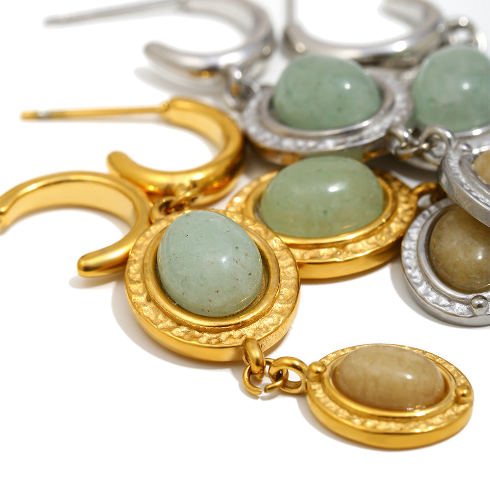 Minimalist Geometric Stainless Steel Earrings with 18K Gold Vacuum Plating and Natural Stone Accents for Women