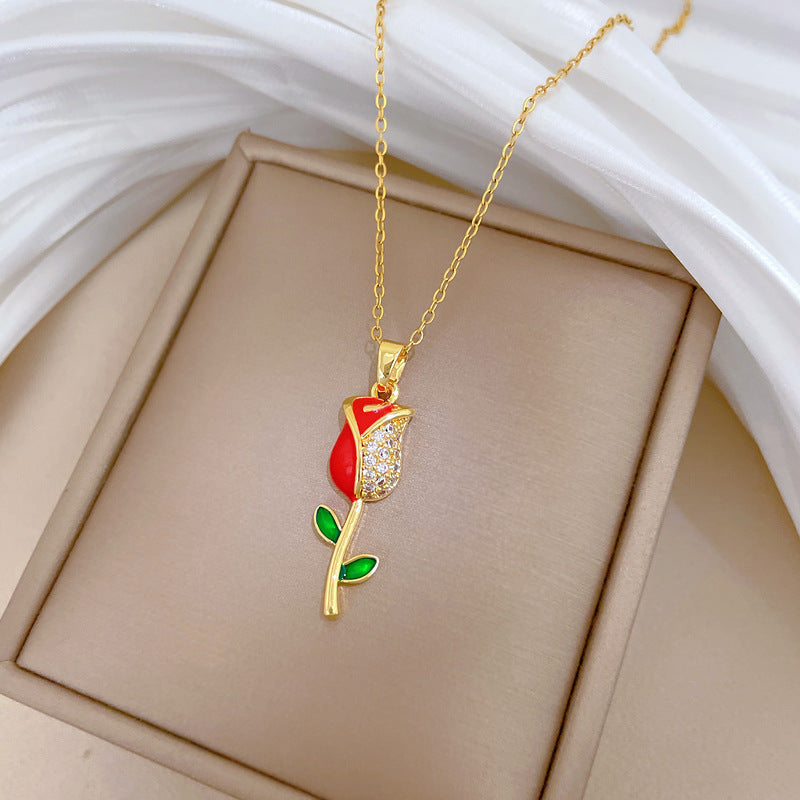 Sweet Geometric Moon Drip Oil Rhinestone Pendant Necklace Titanium Steel Cable Chain for Unisex