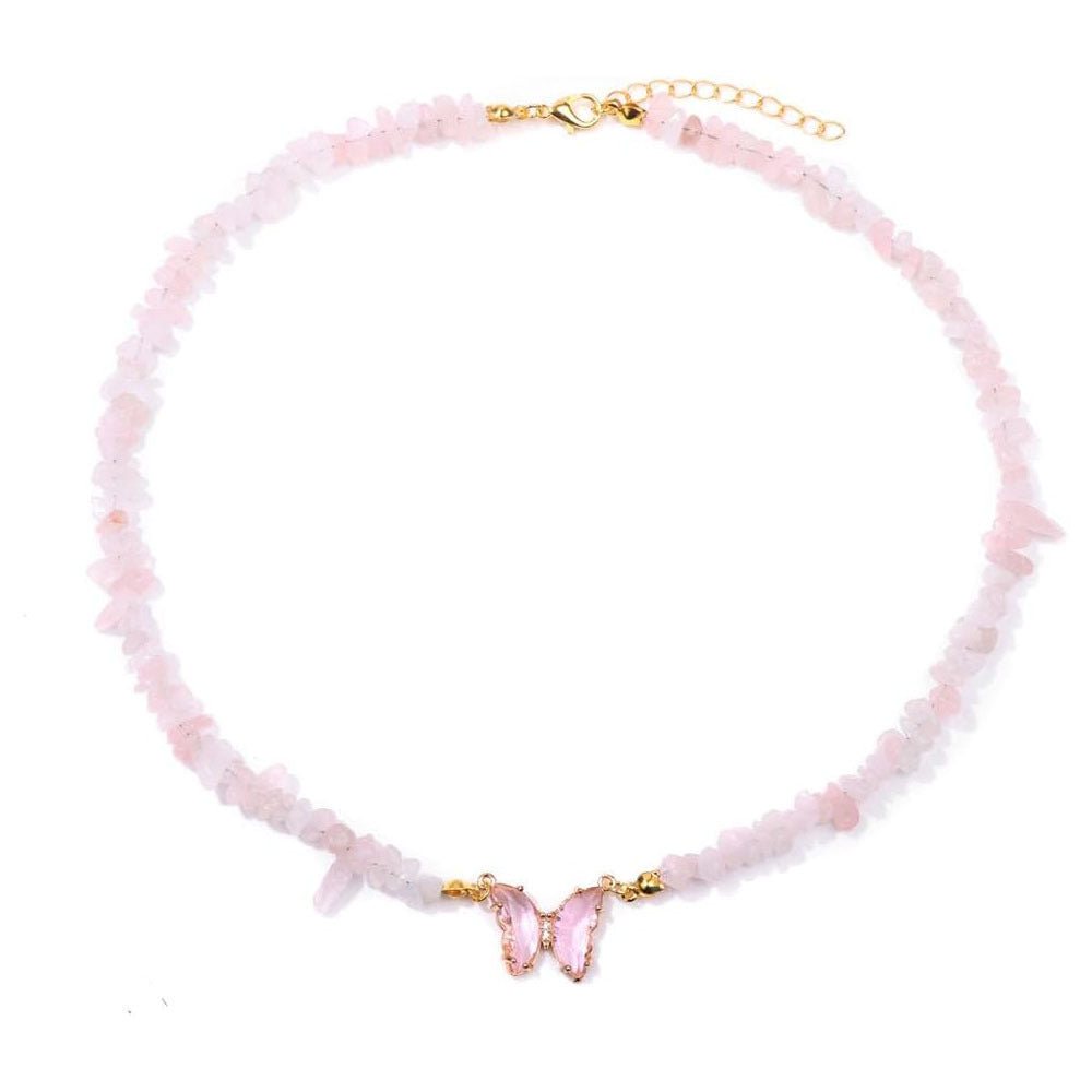 Butterfly Brass Necklace with Cubic Zirconia and Crystal Pendant Cable Chain Unisex
