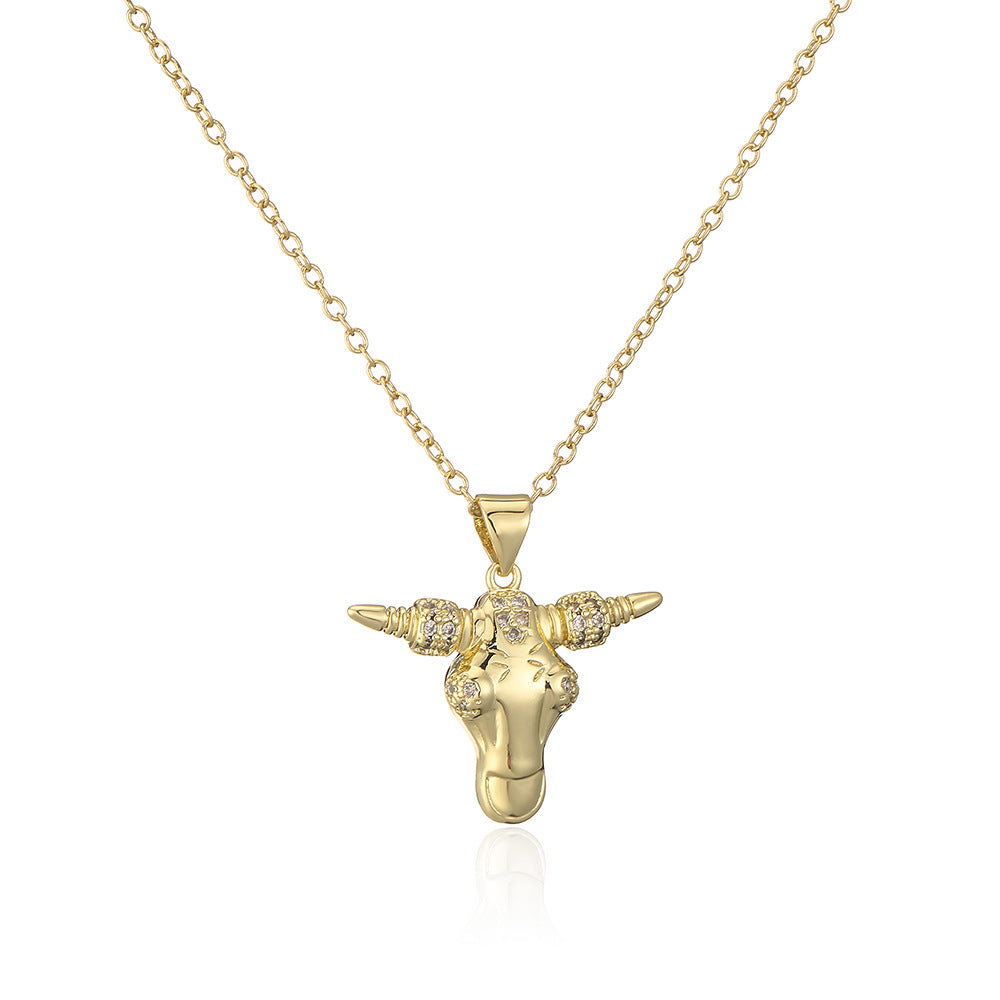 Vintage Geometric Copper Pendant Necklace for Women with 18K Gold Plating and Bull Charm