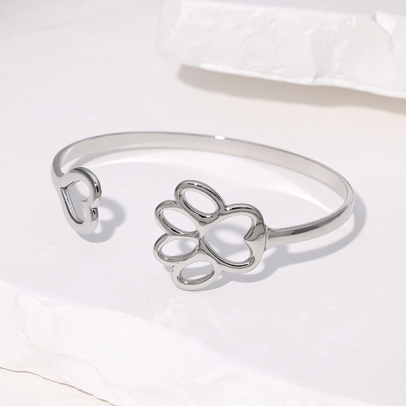 Minimalist Stainless Steel Adjustable Bracelet with Heart and Cat Paw Charm, Polished and Plated