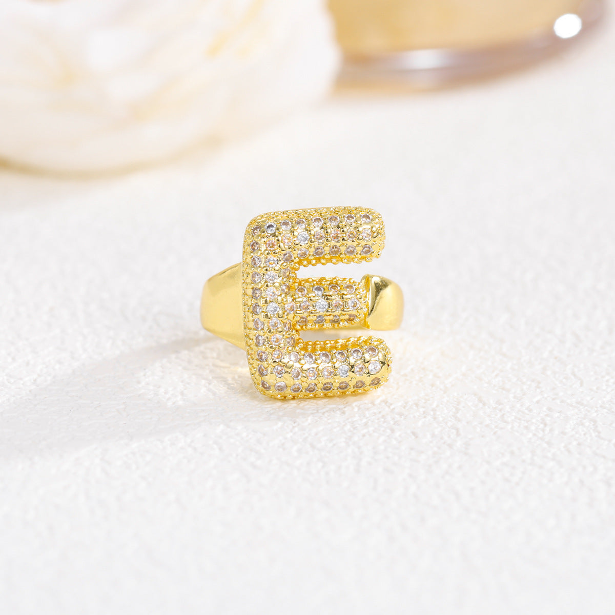 Sweet Plated Brass Letter Ring with Cubic Zirconia Adjustable Open Ring for Women and Men