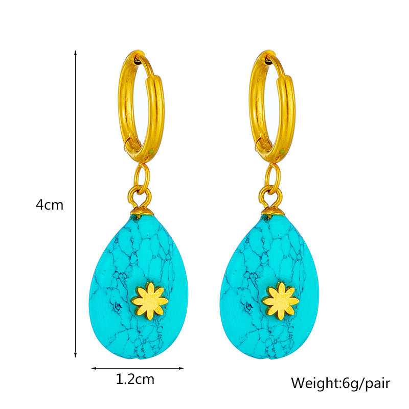 Vintage Minimalist Teardrop-Shaped Turquoise Earrings in Titanium Steel with Plated Finish