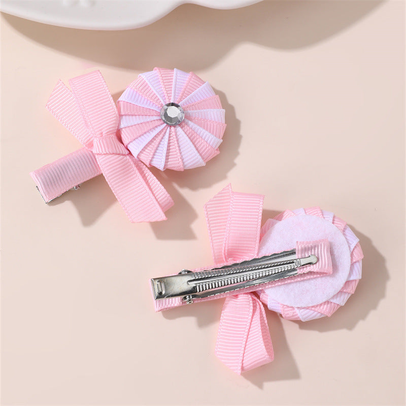 Cute Pink Candy-Themed Hair Clip for Girls with Bow Shape Fabric Construction and Ruffled Mesh Detail