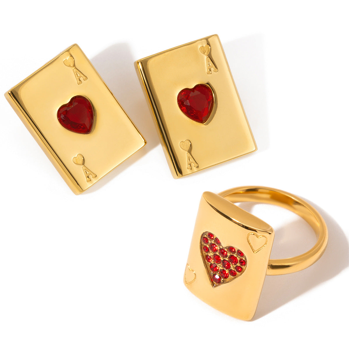 Juego de pendientes de botón y anillo de acero inoxidable en forma de corazón con incrustaciones de diamantes de imitación y acabado chapado para mujer