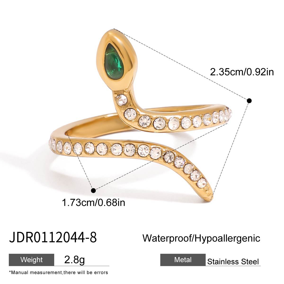 Anello da donna in acciaio al titanio placcato con motivo a serpente geometrico e zirconi verdi